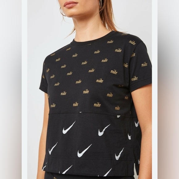 Nike Tops - Nike metallic crop tee. Black w gold & white logo swoosh print.